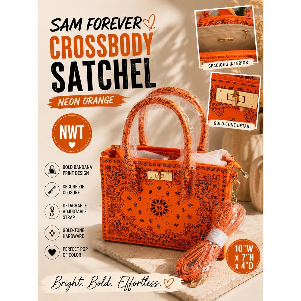 SAM FOREVER Neon Orange Bandana Print Crossbody Satchel Handbag Purse NWT